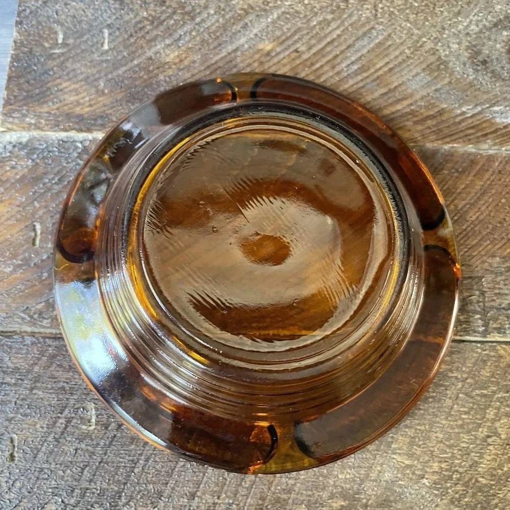 Vintage‎ MCM Amber Glass Ribbed Cigarette Ashtray Round 4 1/4